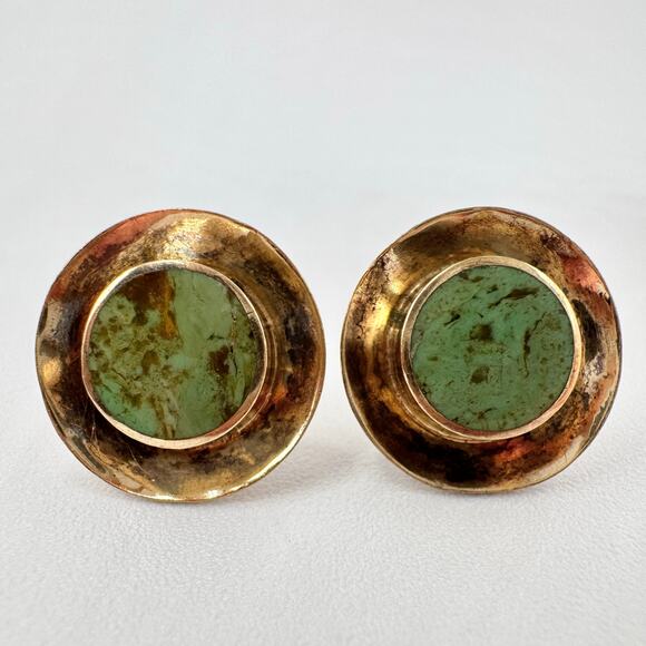 Artisan Green Turquoise Vermeil Gold Over Sterling Shield Stud Earrings Tribal - Picture 1 of 10